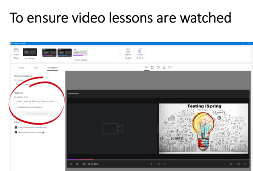 iSpring player options select navigation type Limited, and unclick keyboard navigation