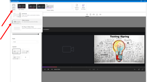 iSpring click player and then select player and pick video lecture to see in preview