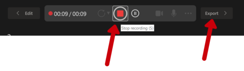 Stop and Export buttons in PowerPoint recording