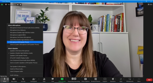 Patricia in Zoom meeting selecting the EnSonore Mic option