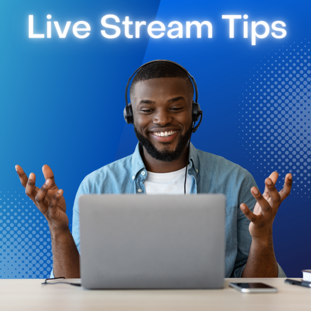 LIVE STREAM TIPS. BLACK MAN WITH HEAD SET ON HANDS UP SMILING AT LAP TOP