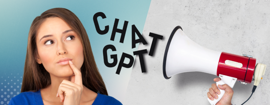 Woman with brown hair and a blue top, finger by mouth thinking and looking at the words CHAT GPT coming out of a megaphone