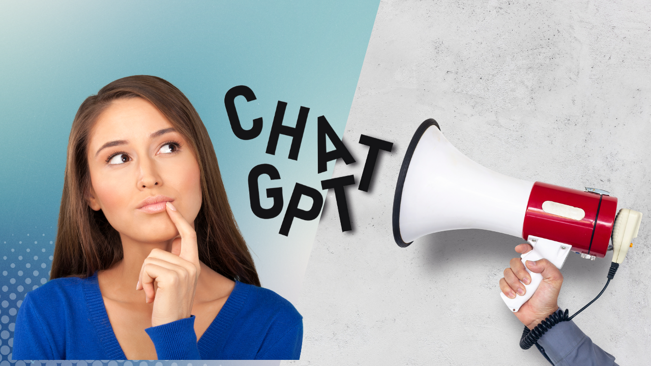 Woman with brown hair and a blue top, finger by mouth thinking and looking at the words CHAT GPT coming out of a megaphone