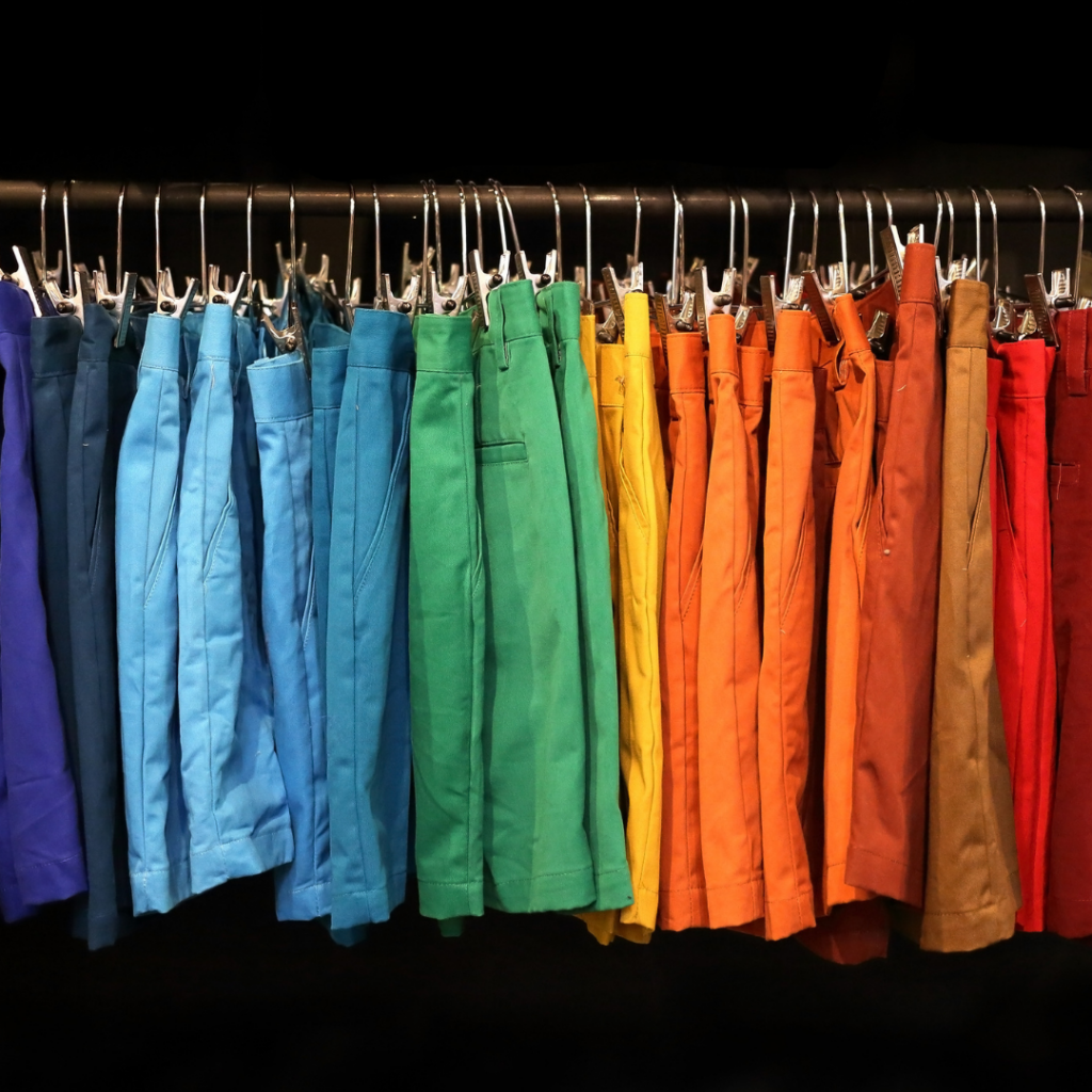 A variety of colourful shorts handing on hangers on a rack. Representing variety of options in everything that is figureoutable.