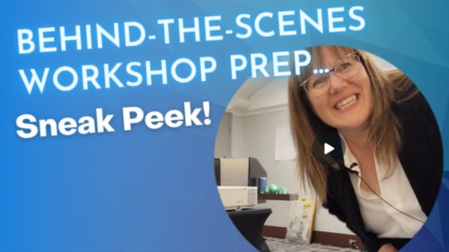 Behind the scenes sneak peek at workshop prep. Patricia looking into the camera