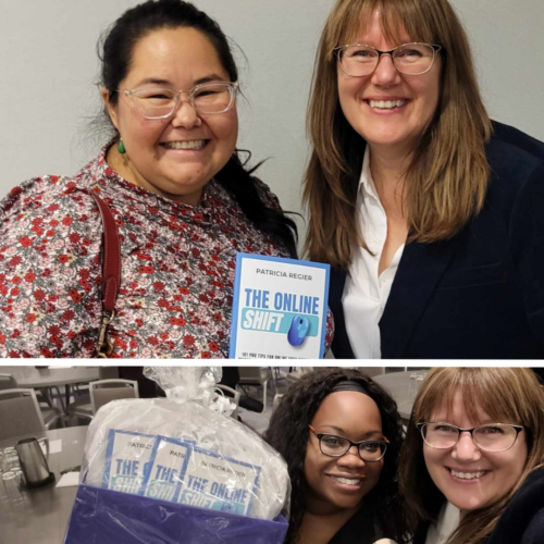 Two people posing with Patricia, with her book The Online Shift. Couple of pictures from this busy season