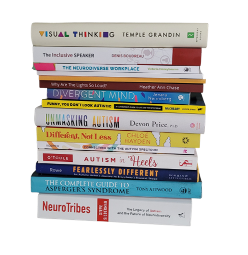 Fifteen books about Neurodiversity, stack of books