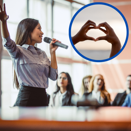 Facilitator Self Care, Professional Speaker with a mic, and hands in the shape of a heart.