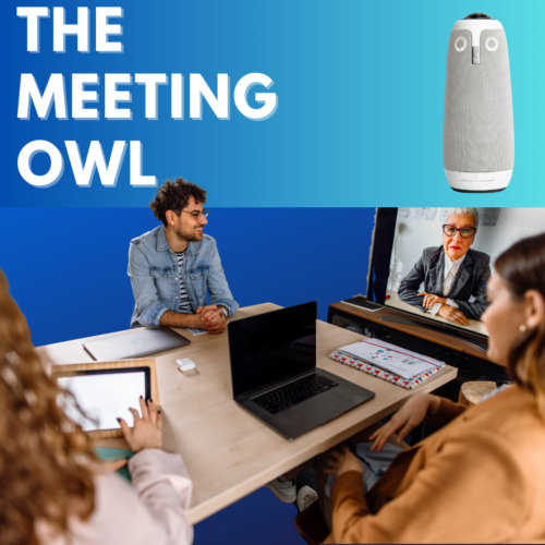 The Meeting Owl, Hybrid or blended audience, people in a meeting, watching someone on a computer screen, and the Meeting Owl Equiptment.
