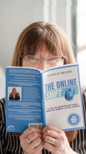 Patricia Regier holding her book The Online Shift