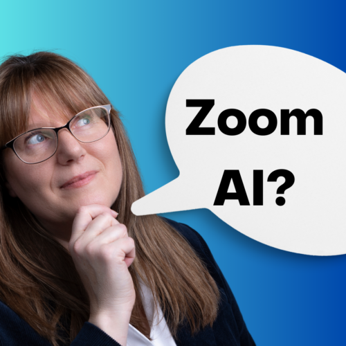 Patricia looking up thinking, with the words in a thought bubble: Zoom AI?