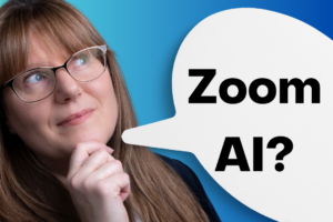 Patricia looking up thinking, with the words in a thought bubble: Zoom AI?
