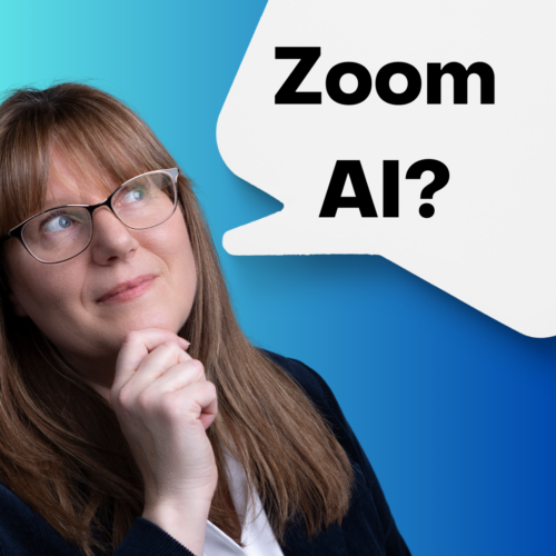 Patricia looking up thinking. Thought bubble with words Zoom AI