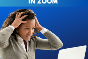 Woman hands on head looking concerned at the laptop. How to delete chat in Zoom.