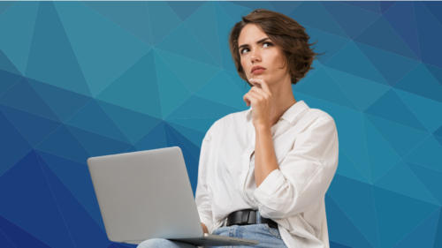 Person thinking about a question they want to ask ChatGPT AI, holding a laptop
