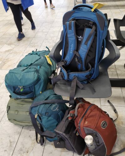 5 backpacks and another bag for our trip to Iceland.