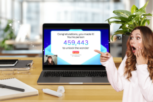 New Canva AI person excited and pointing to a laptop.