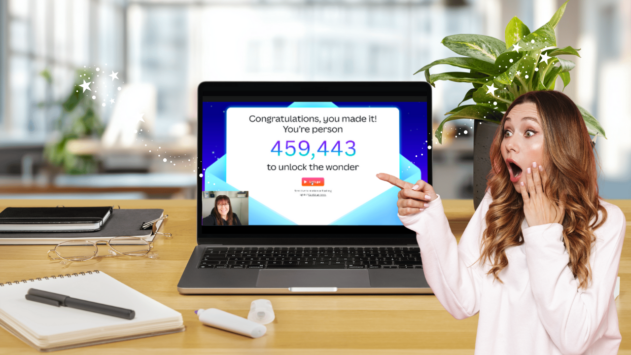 New Canva AI person excited and pointing to a laptop.